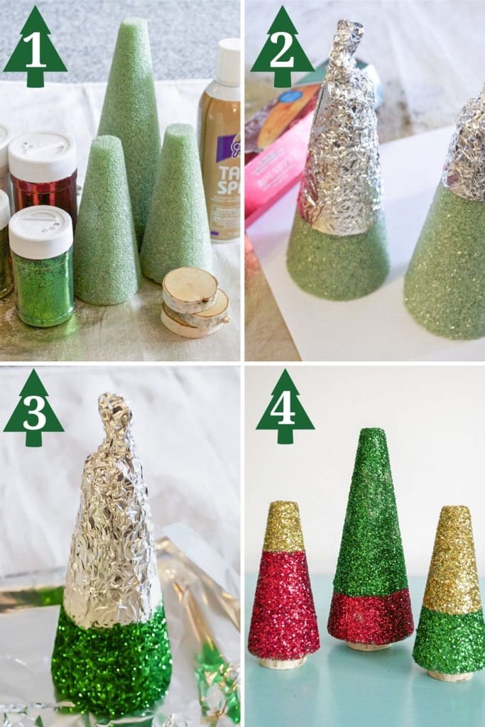 collage showing the process of making diy glitter color block christmas tree cones.