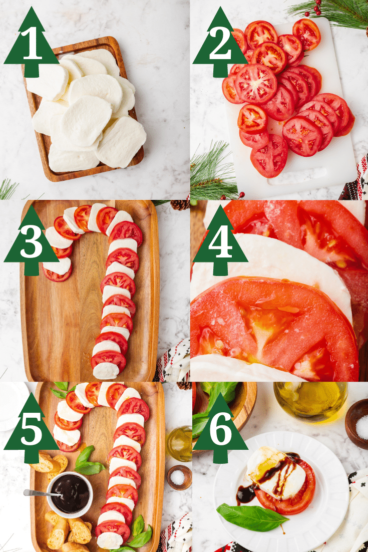 Steps for making a candy cane caprese salad.