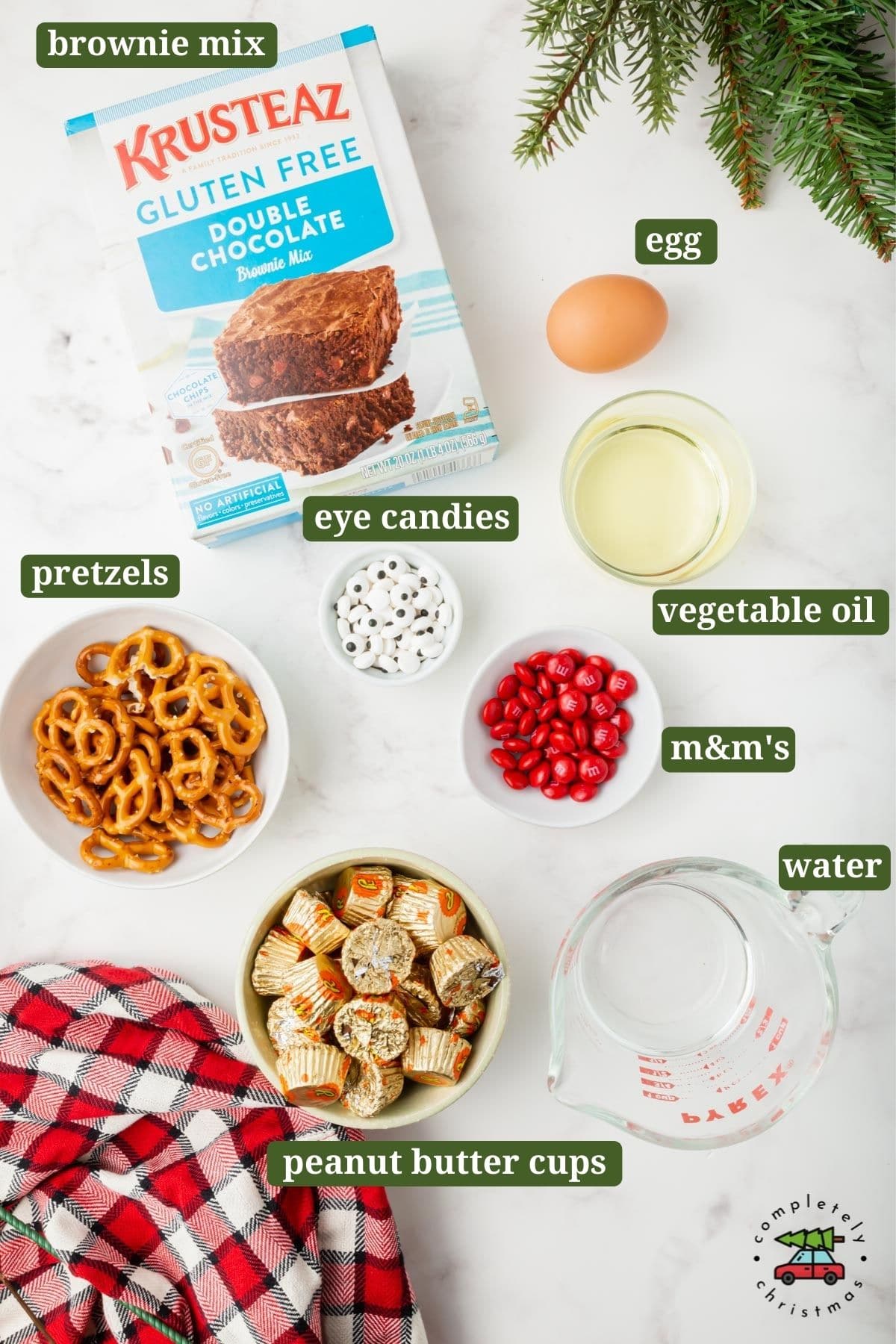 Ingredients for making Reindeer Peanut Butter Brownie Cups.
