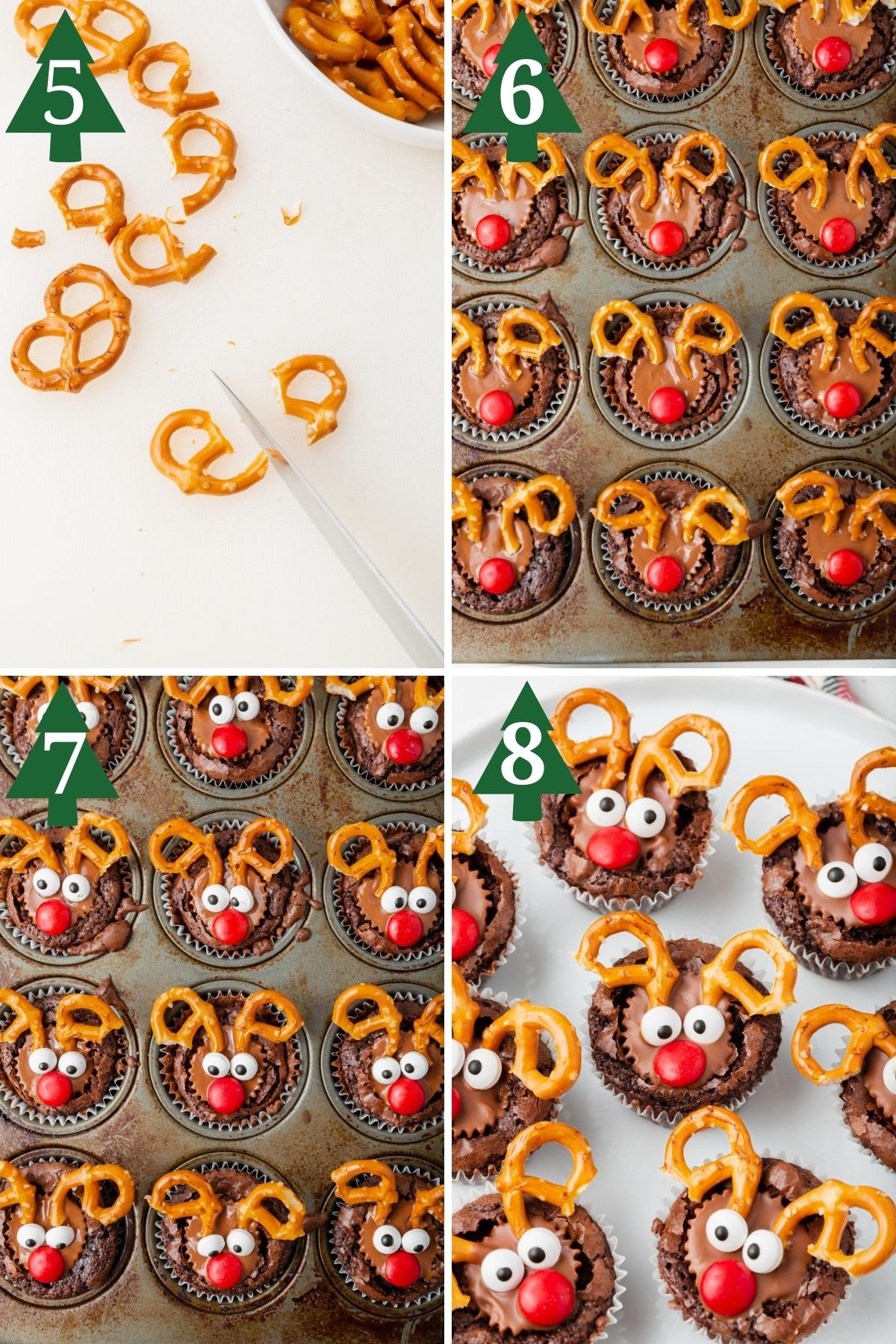 Steps 5-8 for making Reindeer Peanut Butter Brownie Cups.