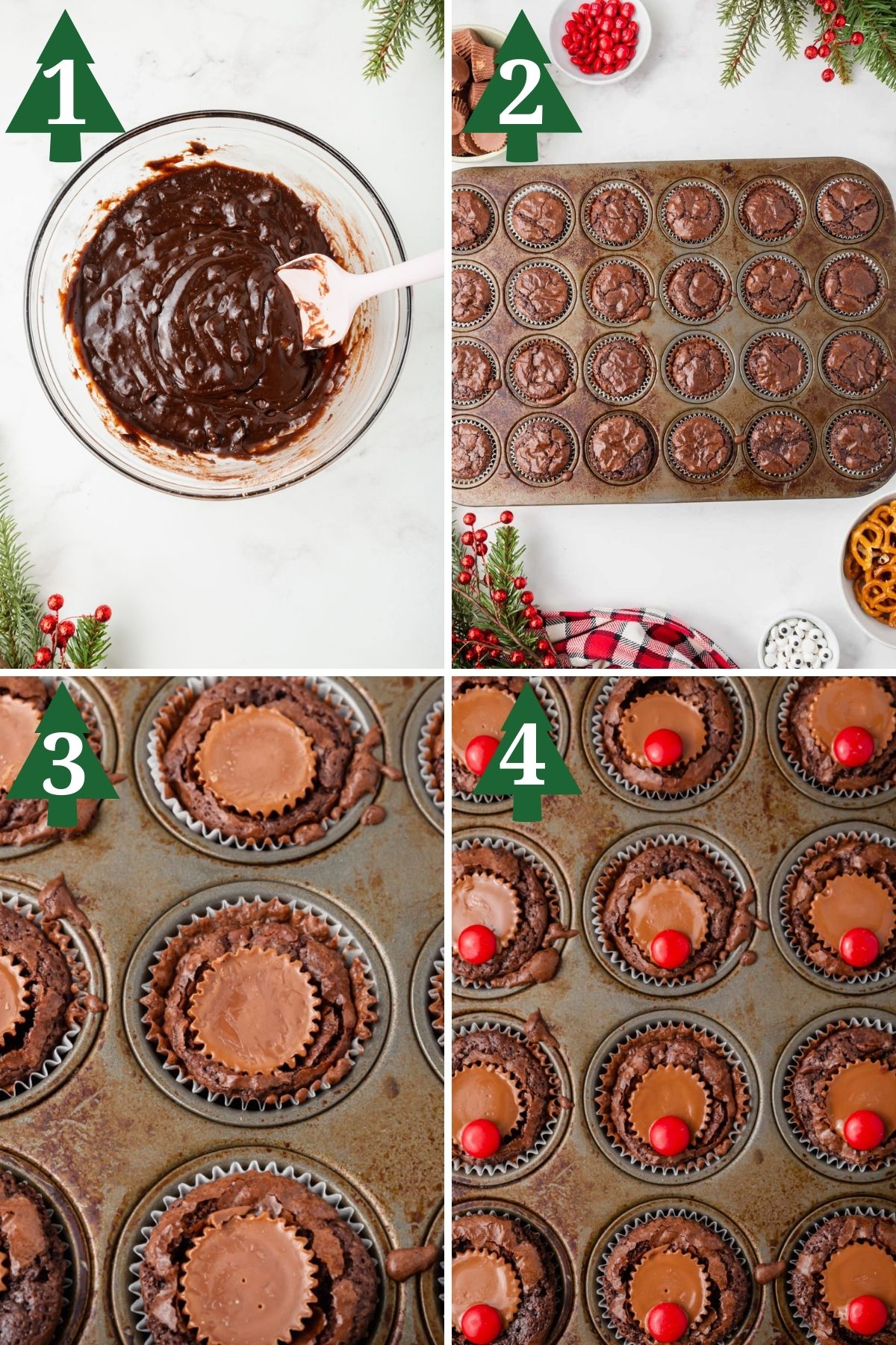 Steps 1-4 for making Reindeer Peanut Butter Brownie Cups.