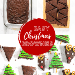 A four photo collage showing the process of making reindeer and Christmas tree brownies. Photo 1: A glass rectangle baking dish with brownies. Photo 2: Brownies on a cutting board that have been sliced into triangles. Photo 3: Four brownies in the process of being decorated with green frosting, M&Ms and sprinkles. Photo 4: Four Christmas brownies in the shape of triangles and decorated like Christmas trees and reindeer with green frosting, candy eyes, M&Ms and pretzels.