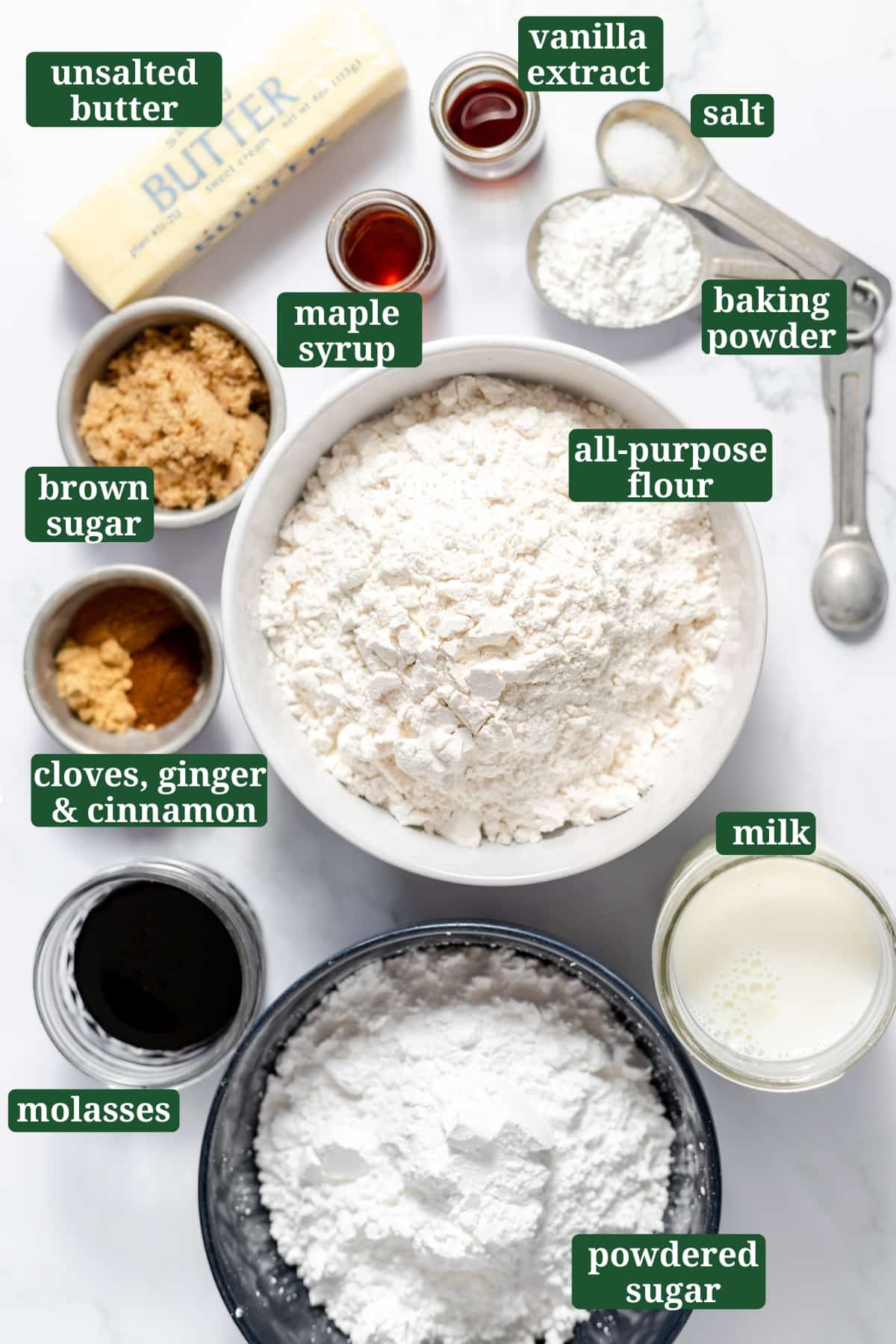 Ingredients in small bowls to make gingerbread scones, including flour, powdered sugar, brown sugar, molasses, cinnamon, cloves, ginger, baking powder, salt, vanilla, and butter with text overlays over each ingredient.