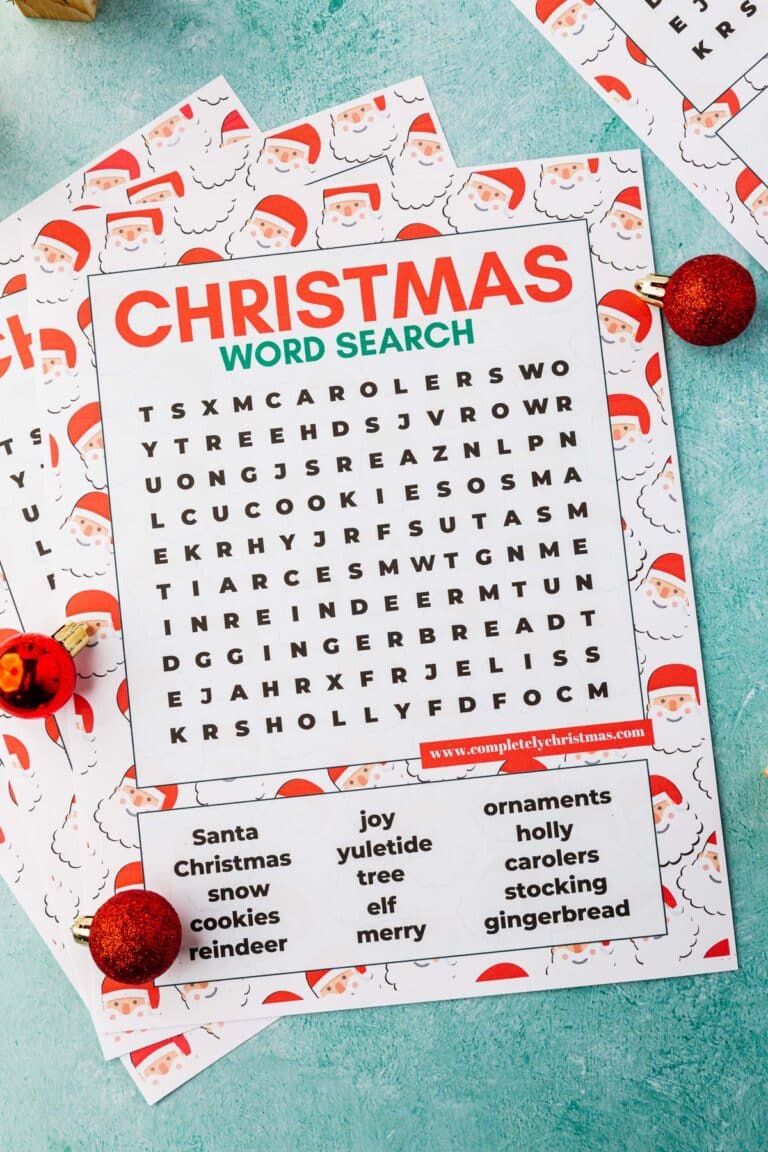 A printable Christmas word search page on a green background with red ornaments and Christmas trees surrounding it.
