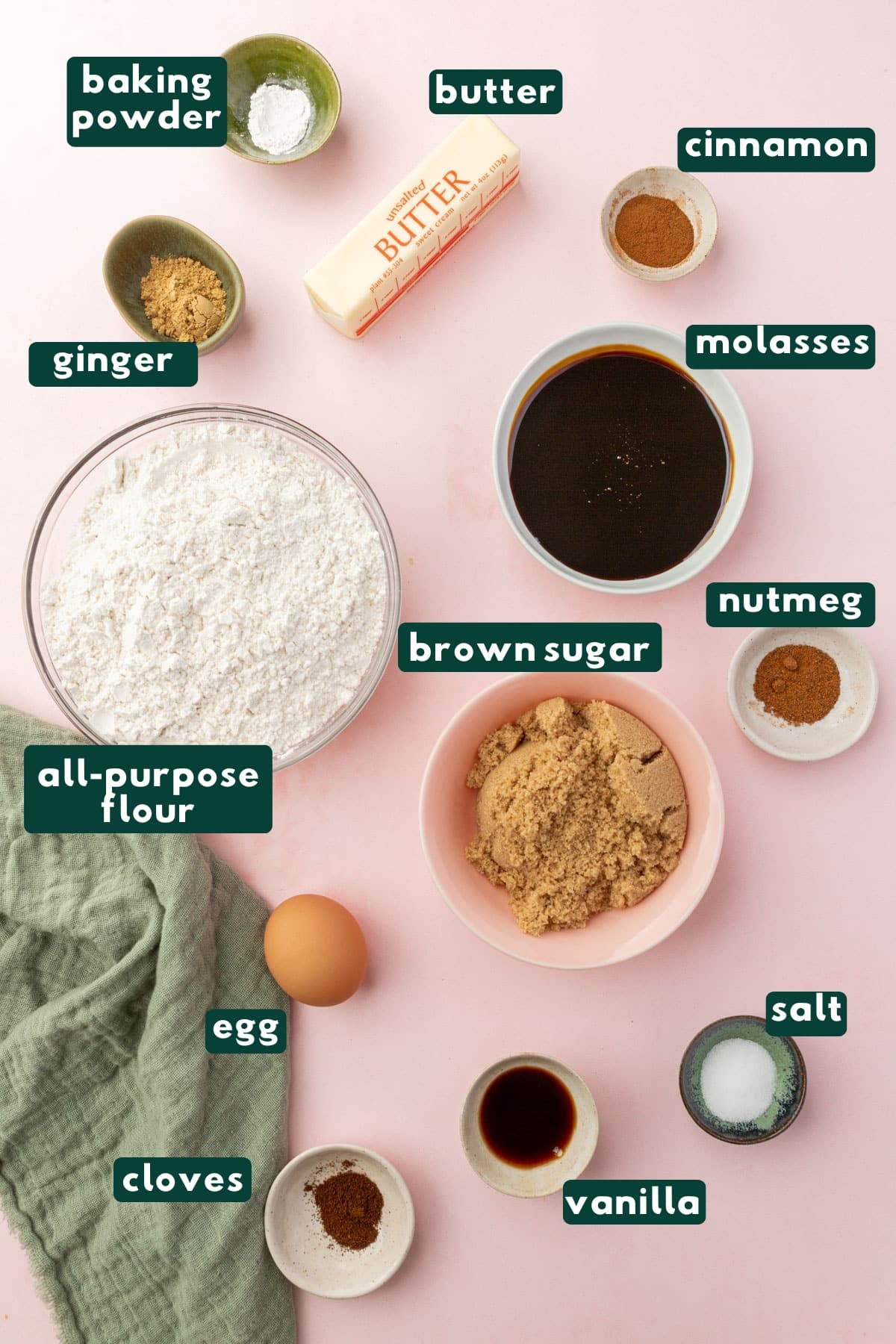 Ingredients in small bowls to make gingerbread cookies, including molasses, ginger, baking powder, butter, cinnamon, nutmeg, cloves, eggs, salt, brown sugar, flour, and vanilla with text overlays over each ingredient.
