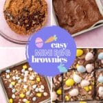 A four photo collage showing the process of making mini egg brownies. Photo 1: A glass mixing bowl with cocoa powder and melted butter before mixing together. Photo 2: Raw brownie batter in a square baking dish. Photo 3: An overhead view of Easter mini chocolate egg brownies in a square baking dish. Photo 4: A closeup of Easter brownies cut into 9 equal squares.