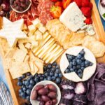 An overhead view of a red, white and blue charcuterie board with different meats, cheeses, and fresh fruit.