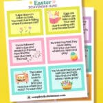 Bright and colorful Easter scavenger hunt printable with six clue cards on a yellow background. Each card features a fun rhyme and Easter-themed illustrations like flowers, books, eggs, and bunnies.