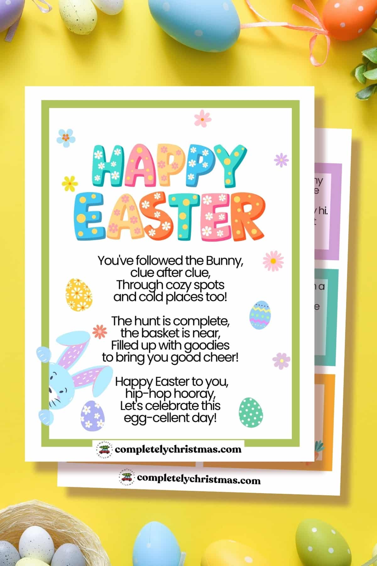 “Happy Easter” printable poem featuring pastel lettering and cheerful Easter graphics including a bunny, eggs, and flowers. This is the final page of the scavenger hunt, designed to celebrate the end of the trail.