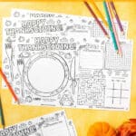 Pinterest pin with yellow header reading "thanksgiving activity placemats" displaying letter and legal size placemats with colorful pencils, mini pumpkins, and fall decorations.