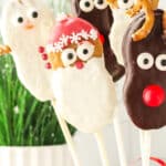 A group of Nutter Butter Christmas cookie pops with Santa, reindeer, and snowman designs in a festive display with greenery and red ribbon.