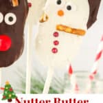 A Nutter Butter Snowman cookie pop with white chocolate coating, pretzel arms, candy eyes, orange nose, and red candy buttons displayed with reindeer and Santa cookie pops.