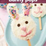 Easter bunny frozen yogurt pop with sprinkles and coconut on a plate with text overlay reading easy frozen yogurt bunny pops.