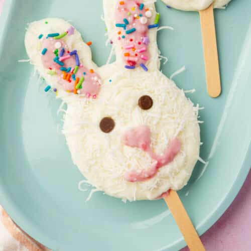 Close-up of an Easter bunny frozen yogurt pop with shredded coconut, chocolate chip eyes, and pink yogurt details.