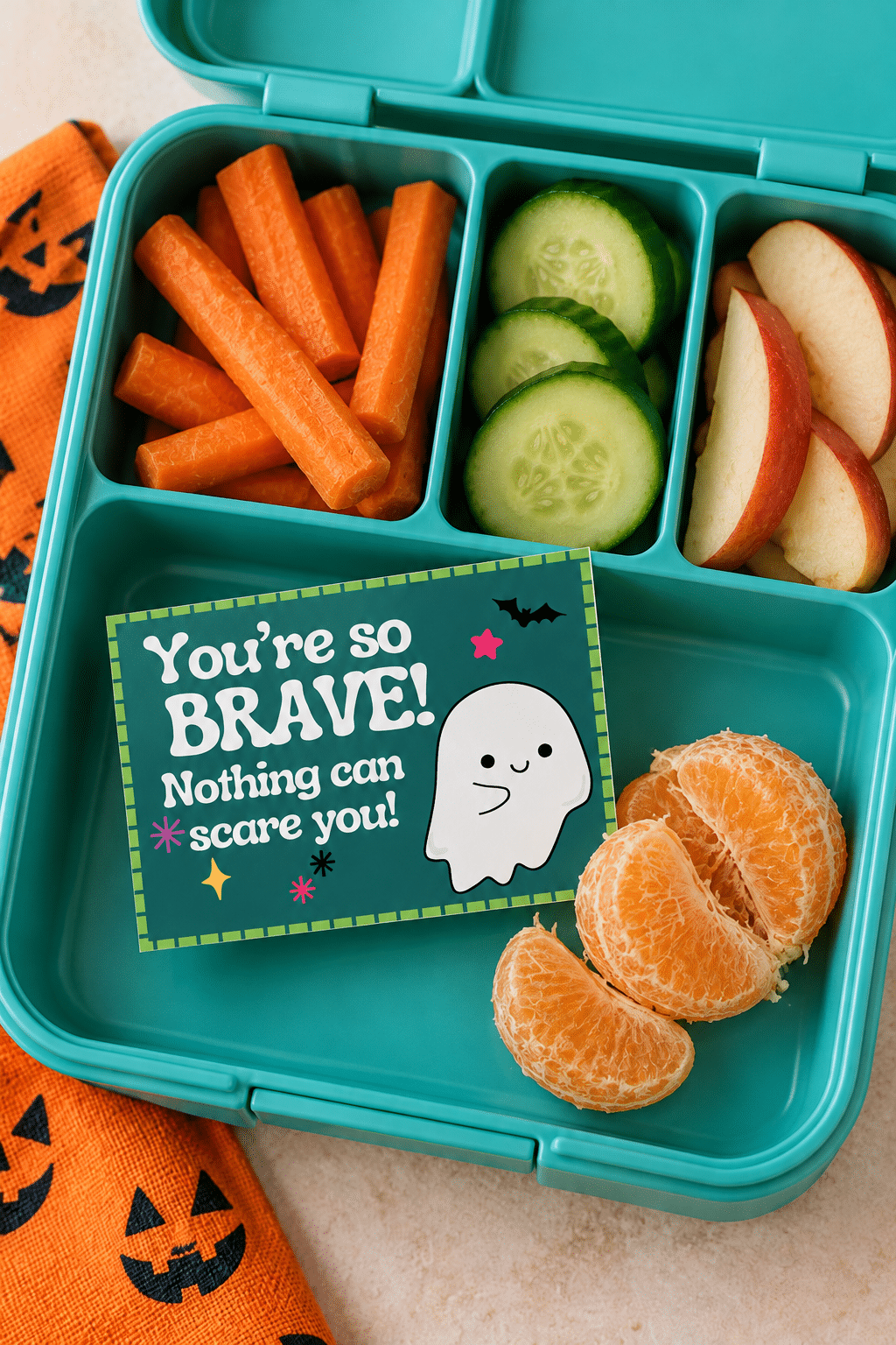 A Halloween lunchbox note reading You're so Brave! Nothing can scare you! tucked inside a teal bento lunchbox with carrots, cucumbers, apple slices, and mandarin orange segments.