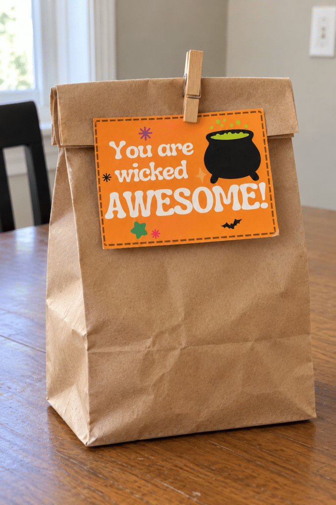 A Halloween lunchbox note reading You are wicked AWESOME! clipped to a brown paper lunch bag with a wooden clothespin.