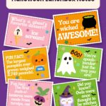 Six spooky-cute Halloween lunchbox note cards fanned out on a purple background, including jokes, fun facts, and encouraging messages for kids.