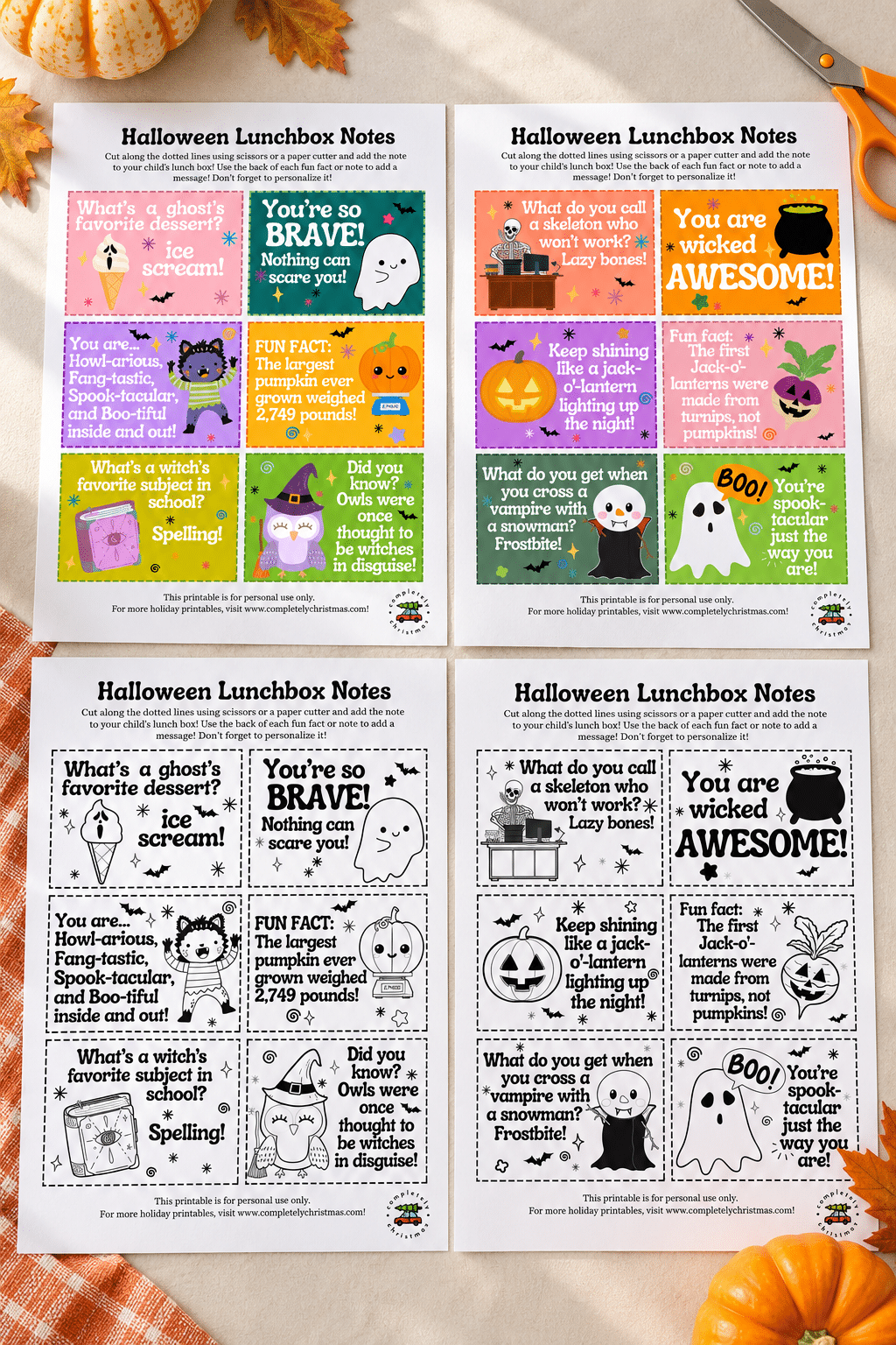 Four Halloween lunchbox notes sheets in full color and ink saver versions laid out overhead on a fall tablescape with mini pumpkins and autumn leaves.